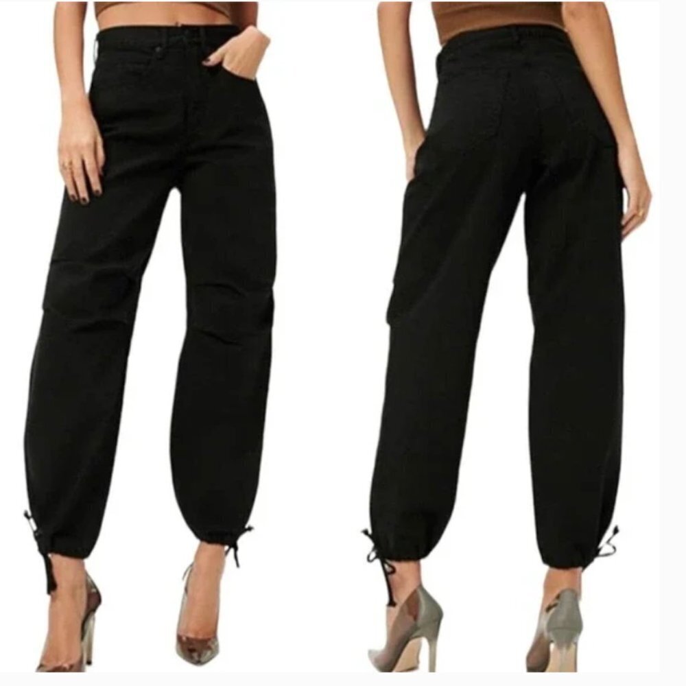 NWT Good American Black Uniform Relaxed Fit Drawstring Tie Hem Hi-Rise Jeans